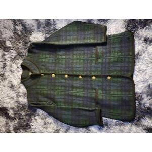 Harris Wallace Blue 100% Wool Button Up Cardigan Plaid Women’s Medium Vintage